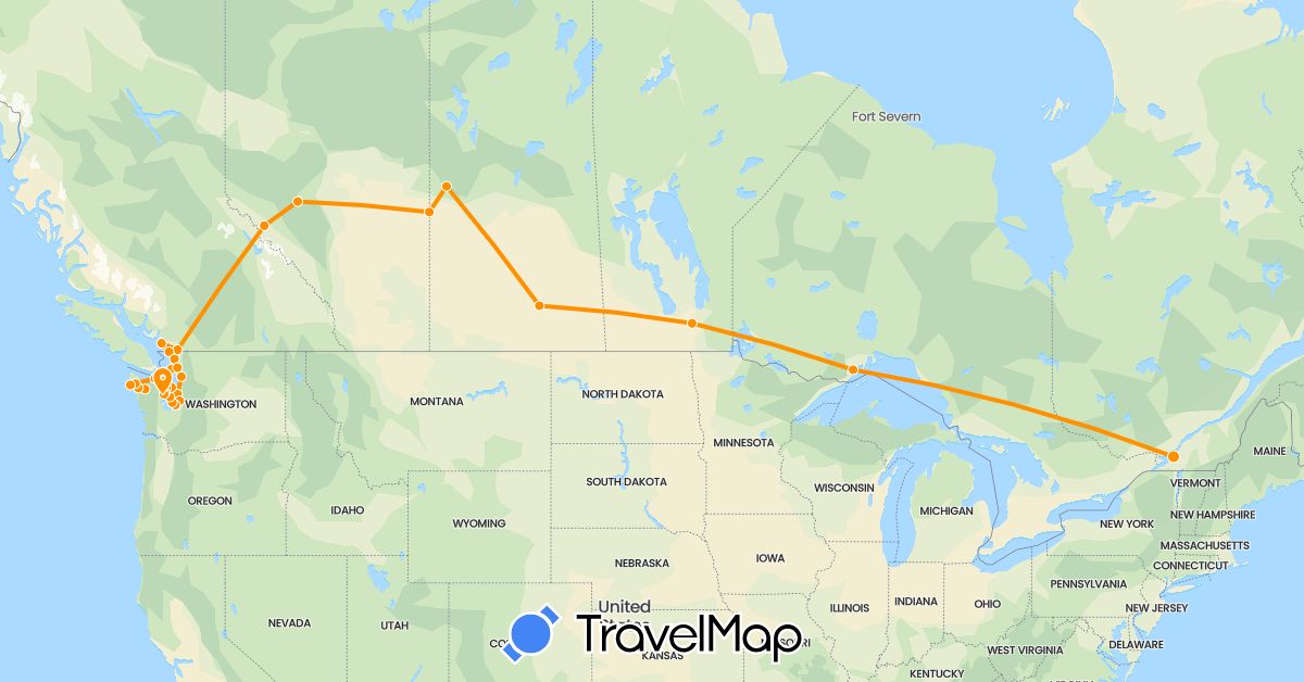TravelMap itinerary: driving, hitchhiking in Canada, United States (North America)